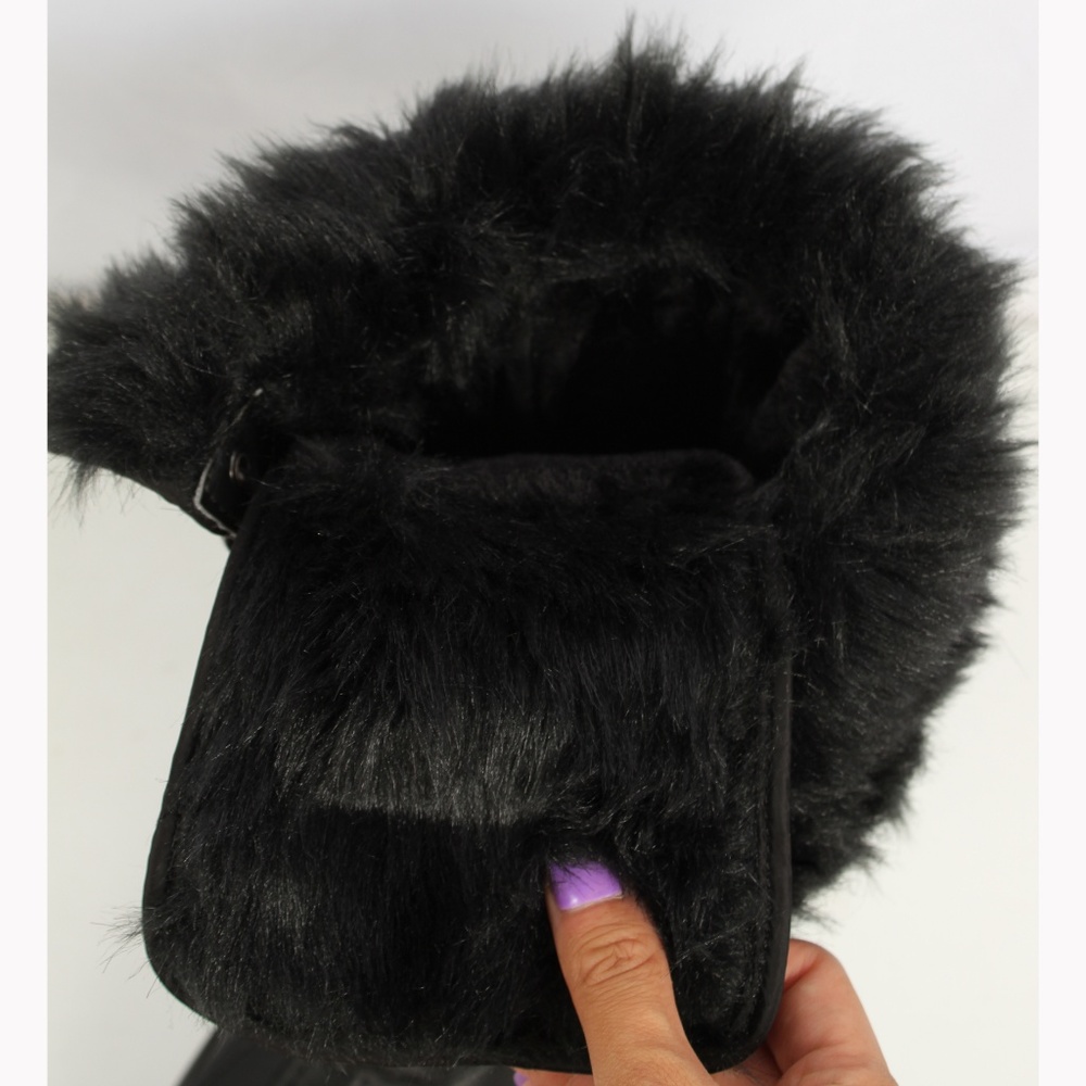 Black Nylon Lace Up Faux Fur Cuff Winter Snow Boot - Picture 6 of 8